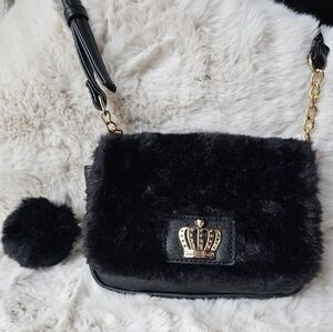 Juicy Couture Black Faux Fur Crossbody Bag with Gold Crown Accent